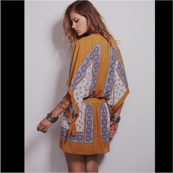 FREE PEOPLE Womens Boho Printed Kimono Tied Sleeve V-Neck Mini Dress Size XS - Picture 12 of 12